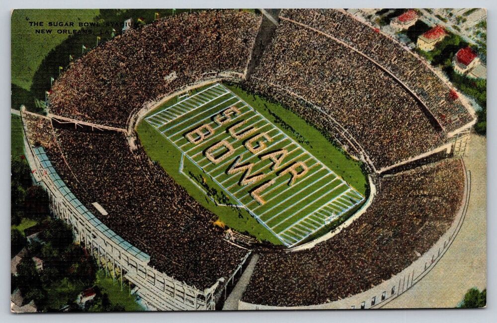 Vintage Linen Postcard Sugar Bowl Tulane Stadium New Orleans LA Aerial View
